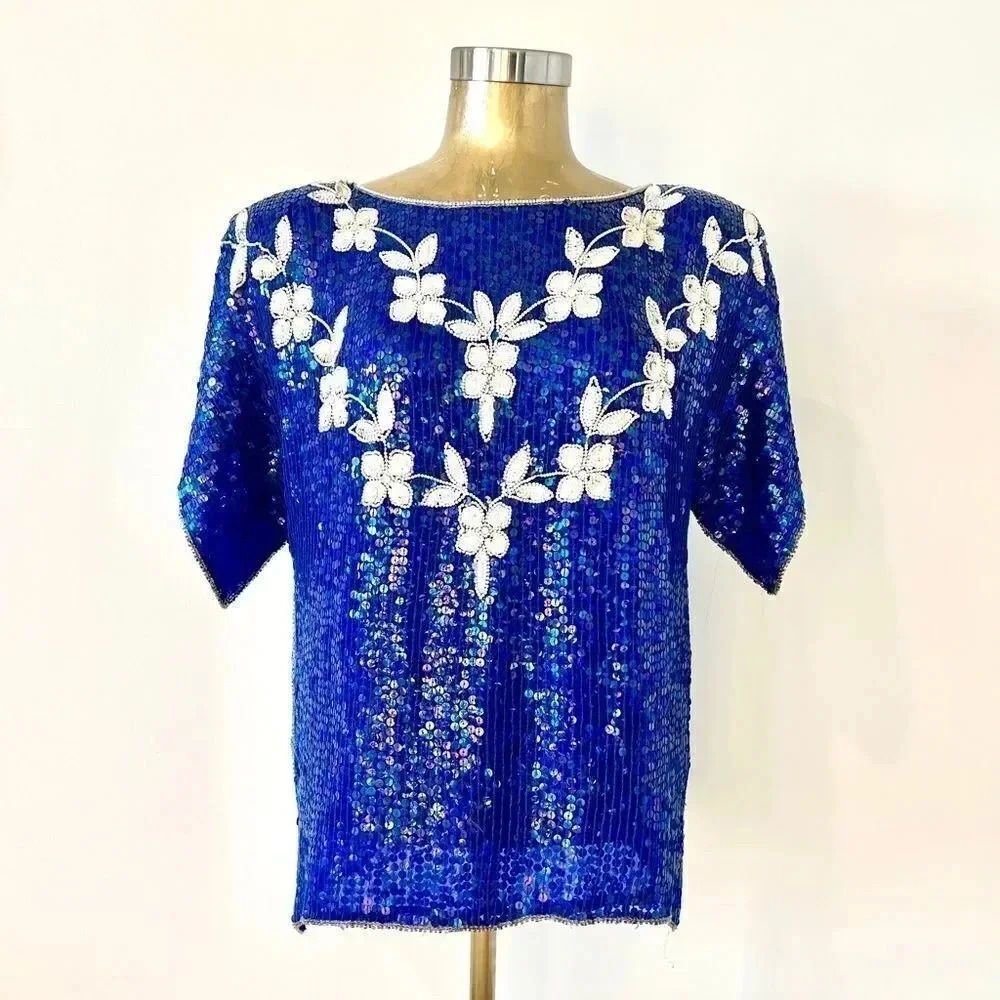 Judi 80s Sequins Top 100% Silk Size L (Medium current) Royal Blue